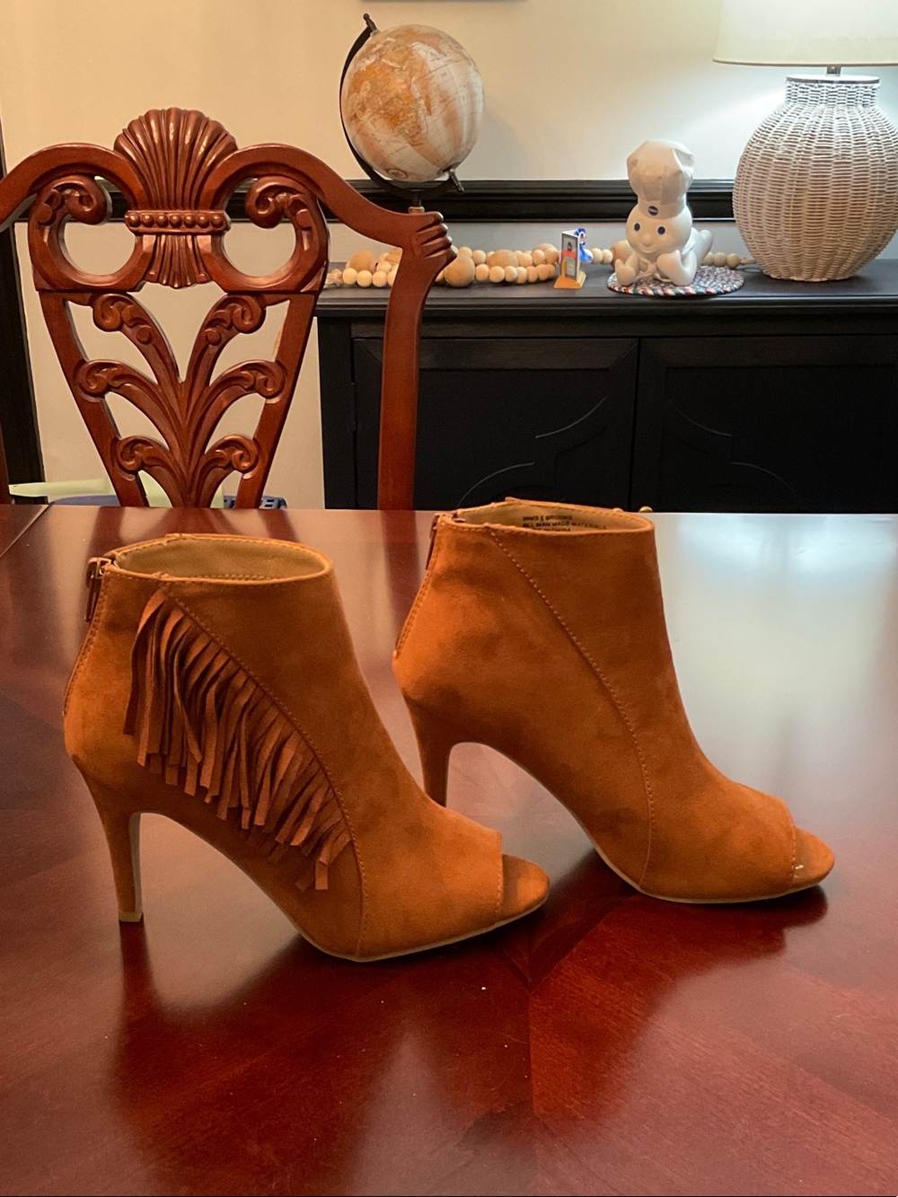 new directions Cognac Suede Fringe Peep-Toe Ankle Booties